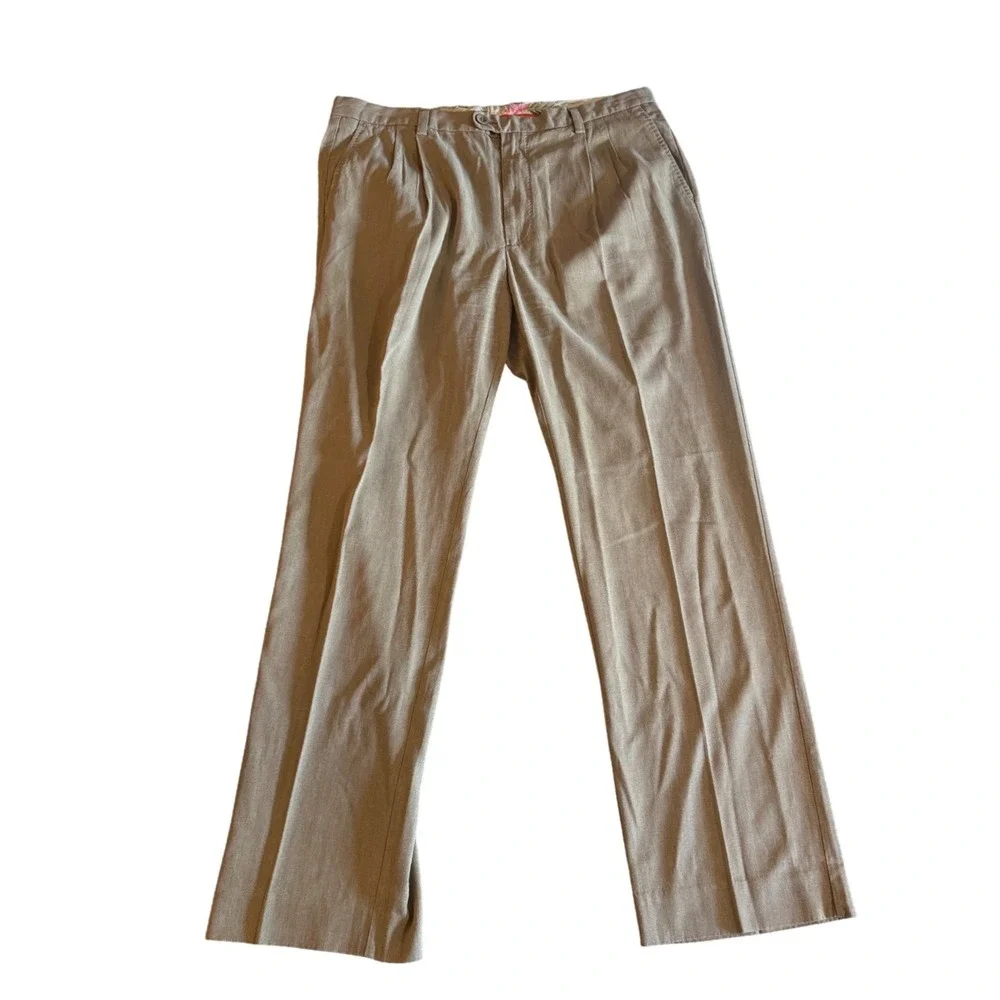 Tommy Bahama Silk Cotton Pleated Dress Pants Tan Khaki 38x34 Straight Leg